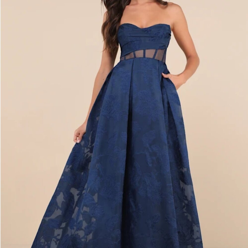 Navy Jacquard Strapless Peek-a-Boo Corset Dress